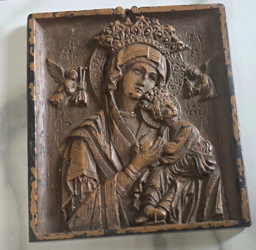 Vintage Wood Bas-Relief Plaque — Madonna and Child Religious Icon